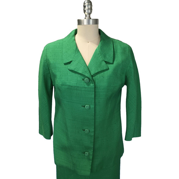 Vintage 1960s Emerald Green Skirt Suit Size S M Dupioni Mod 60s Secretary MCM - Picture 3 of 10